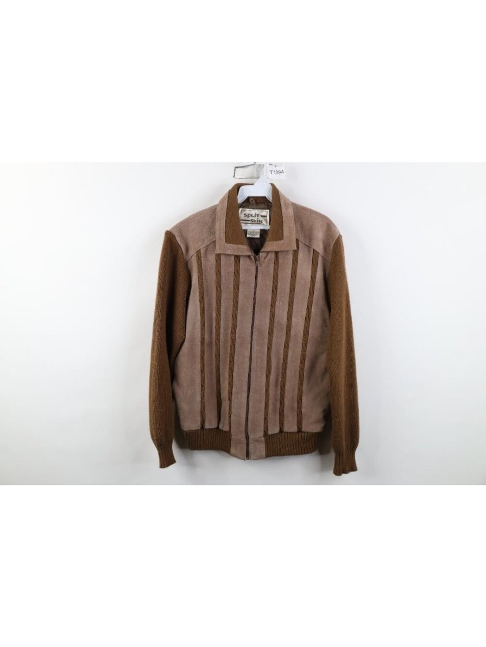 Vintage 70s Suede Leather Cable Knit Full Zip Sweater Jacket Swacket Mens M